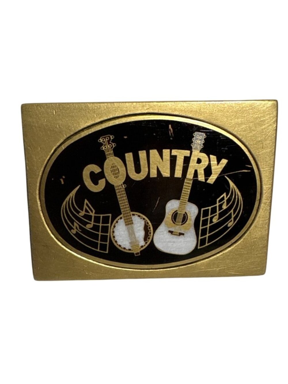 Country Music Belt Buckle Indiana Metal Brass Guitar Banjo Music Notes 3 x2" Vtg